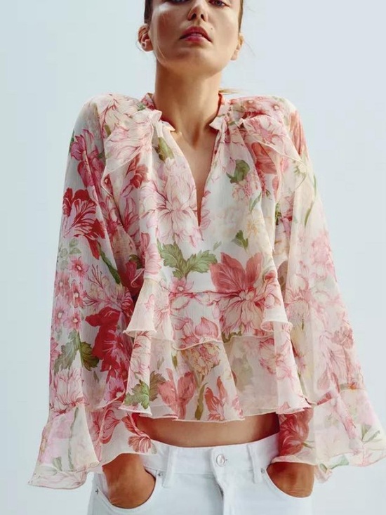 Zara Tops - Zara Pink and Green Floral Printed Flowy Blouse with Romantic Ruffle Details XL